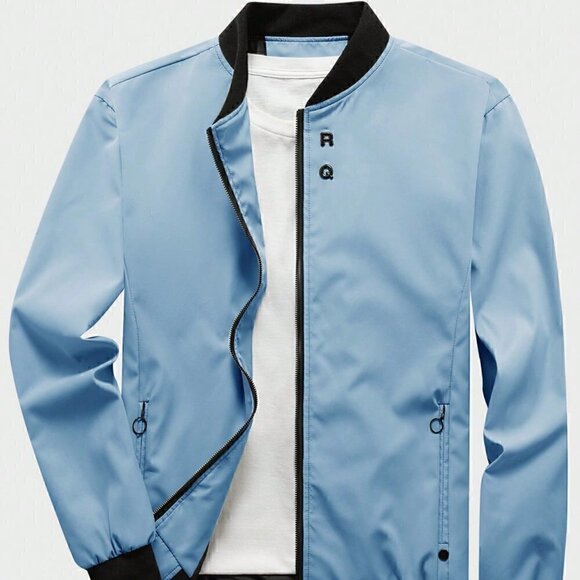 Blue Casual Womens  Men Letter Graphic Zip Up Bomber Jacket - Picture 1 of 4